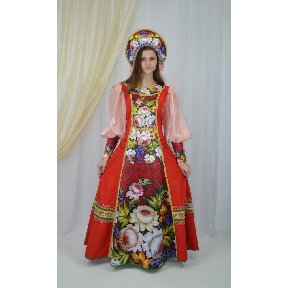 Жостов Праздничный женский (платье,кокошник) красный