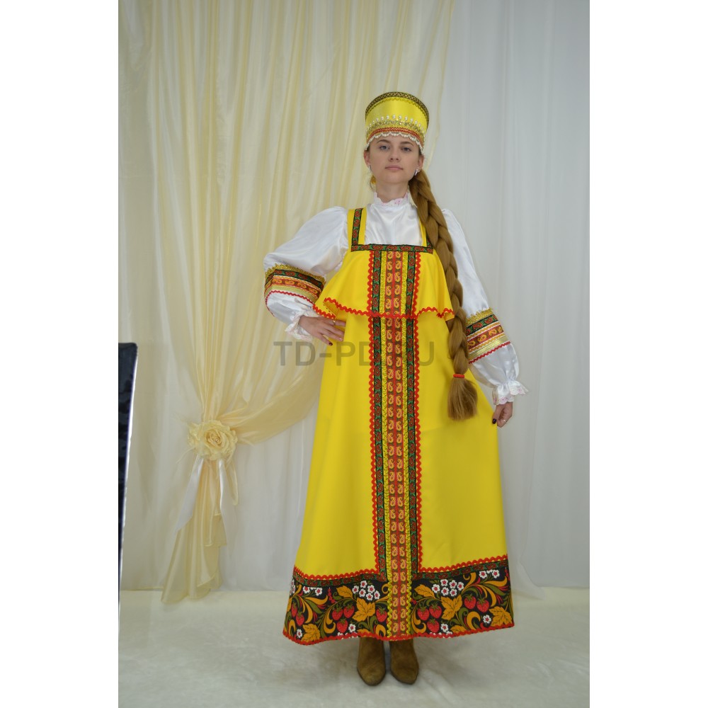 Хохлома-ткань (сарафан,блузка,кокошник) желтый женский