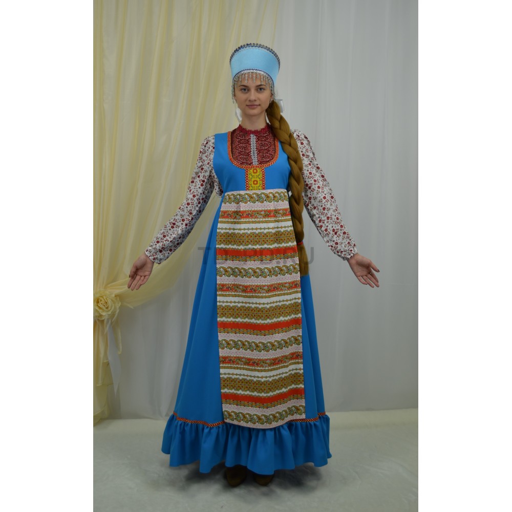 Рус.народный женский с фартуком (сарафан,блузка ,кокошник) синий