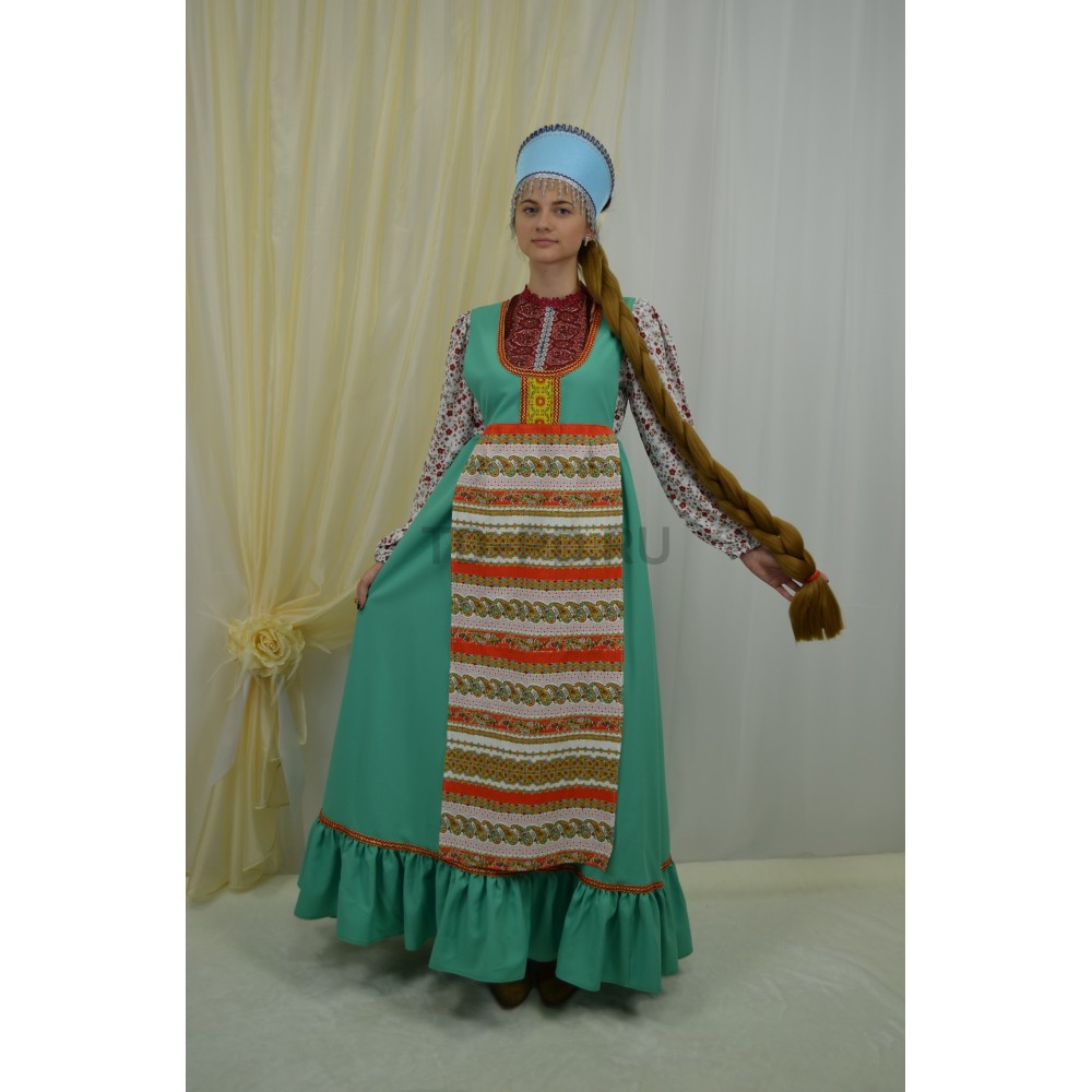 Рус.народный женский с фартуком (сарафан,блузка,кокошник) изумруд